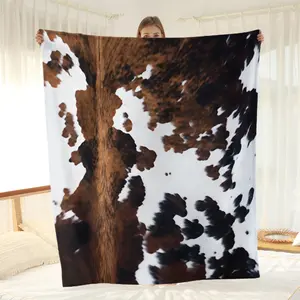1 Piece Brown and White Cowhide Pattern Flannel Blanket - All-Season Soft Lightweight Sofa Throw, Bedspread or Nap Blanket - Modern Digital Print Home Decor Gift, Sofa Cover|Decorative Parabola|Plush Flannel Fabric