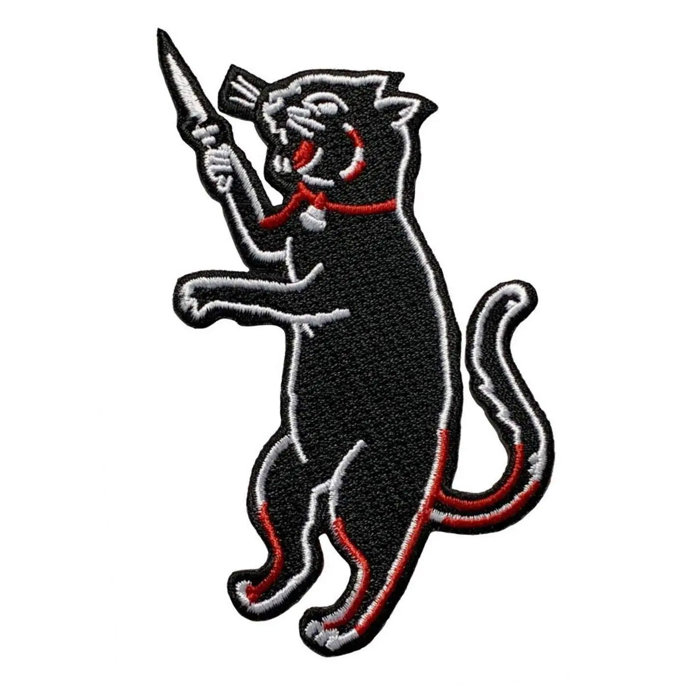 Black Cat with Knife Embroidered Iron on Sew on Patch [4.0 inch Tall - CT7]