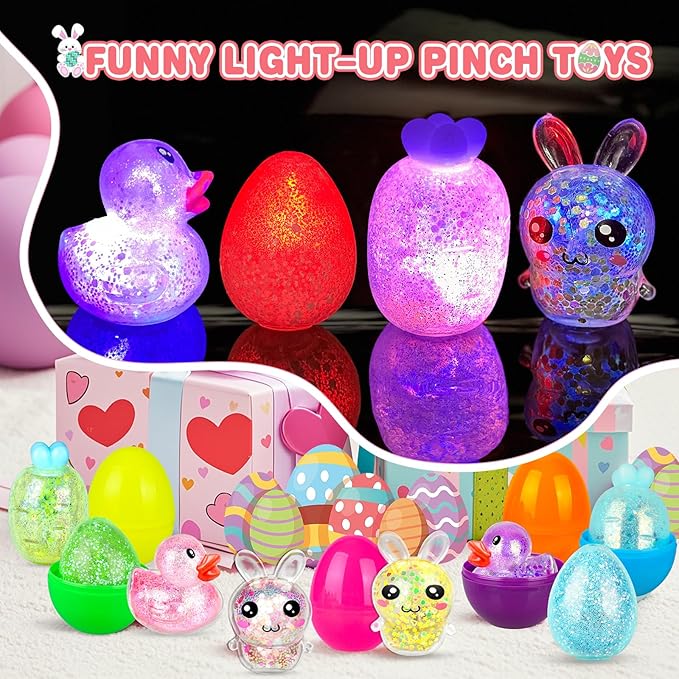 12 Pack Easter Basket Stuffers with Light Up Squishy Toys Inside Prefilled Easter Egg Fillers Sensory Fidget Toys & Easter Gifts for Kids (Ages 3+)