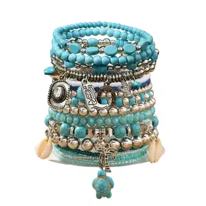 16Pcs Western Synthetic Turquoise Multi-Layer Beaded Bracelet Set for Men & Women, Stackable Vintage Bracelets with Turtle, Butterfly & Cowboy Boot Charms, Bohemian Jewelry for Women, Perfect for Daily Wear & Vacation Gift