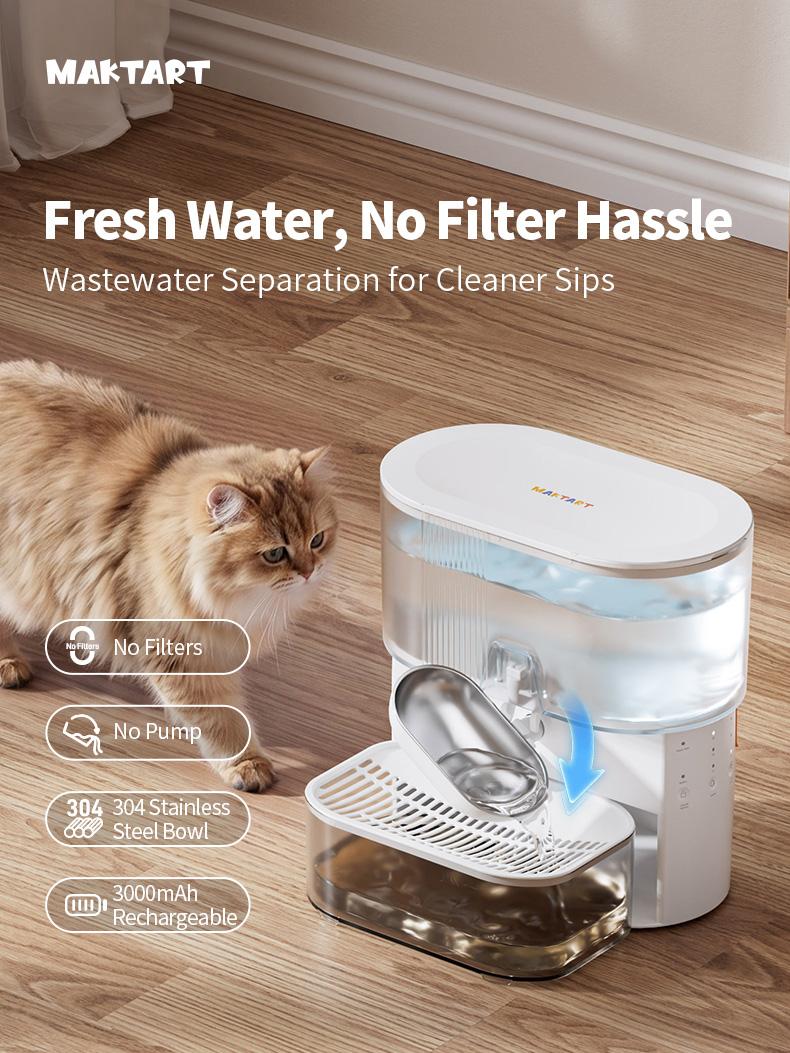 Wireless cat water fountain without filter cartridge, waste water separation function, MAKTART stainless steel bowl, 3000 mAh battery, 3.5 L water dispenser for cats and dogs, white