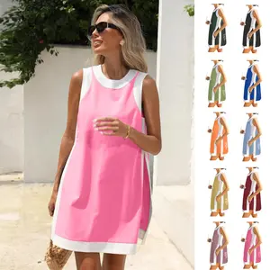 SCUSTY Women's Casual Summervibes Two Piece Sets Color Block Crewneck Sleeveless Pullover Tops Matching Shorts With Pockets