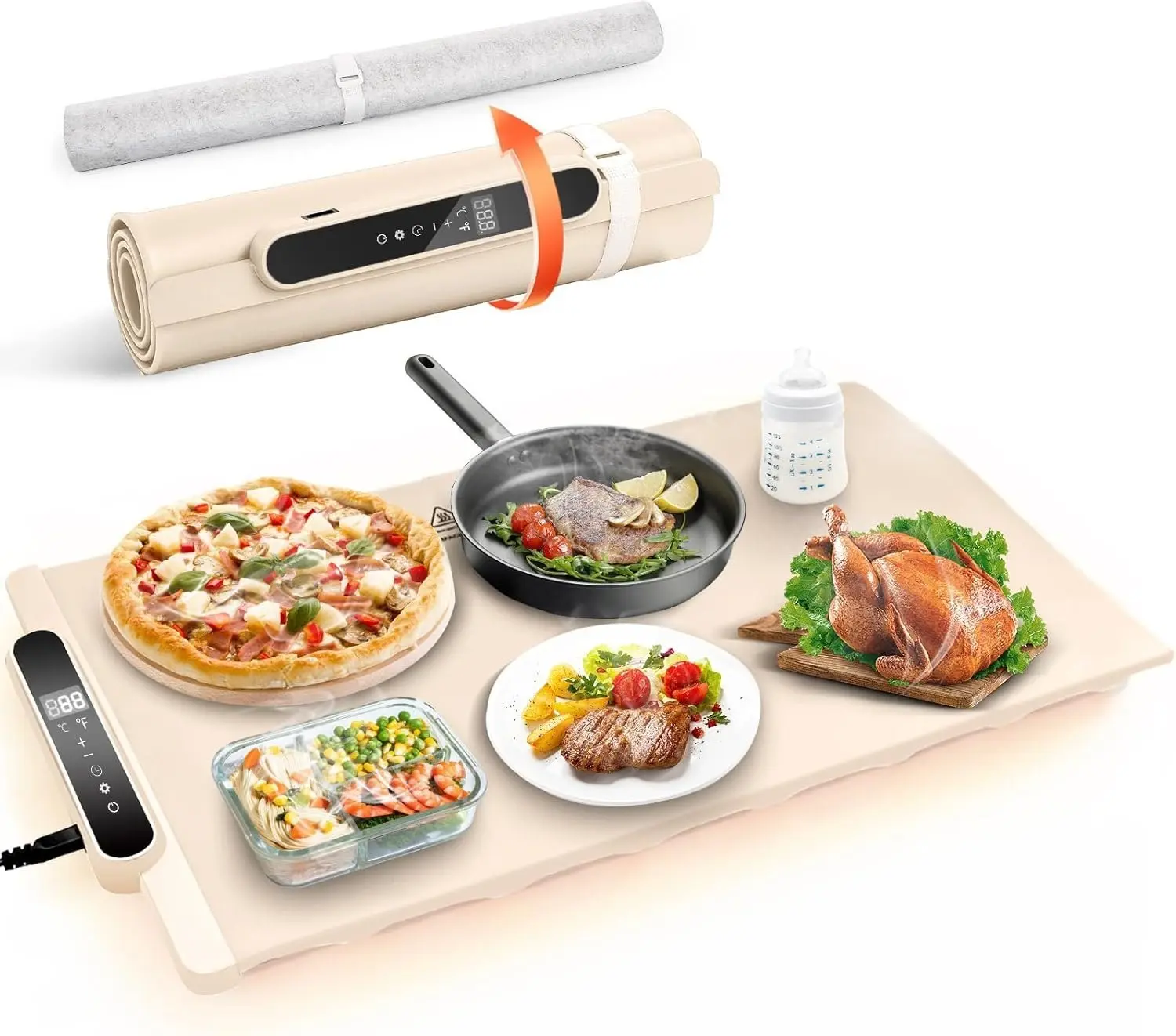 Warming Mat, Electric Rollable  Warmer 10 Levels Temperature & 10-Hour Timer Large Warming Tray with  Lock for Parties & Buffet, Extra-Long 6.5ft Cord, Creamy White