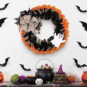 Halloween Fabric Wreath Vintage Farmhouse Style Door Hanging Decoration, Entryway Scene Halloween Setup, 1 Piece