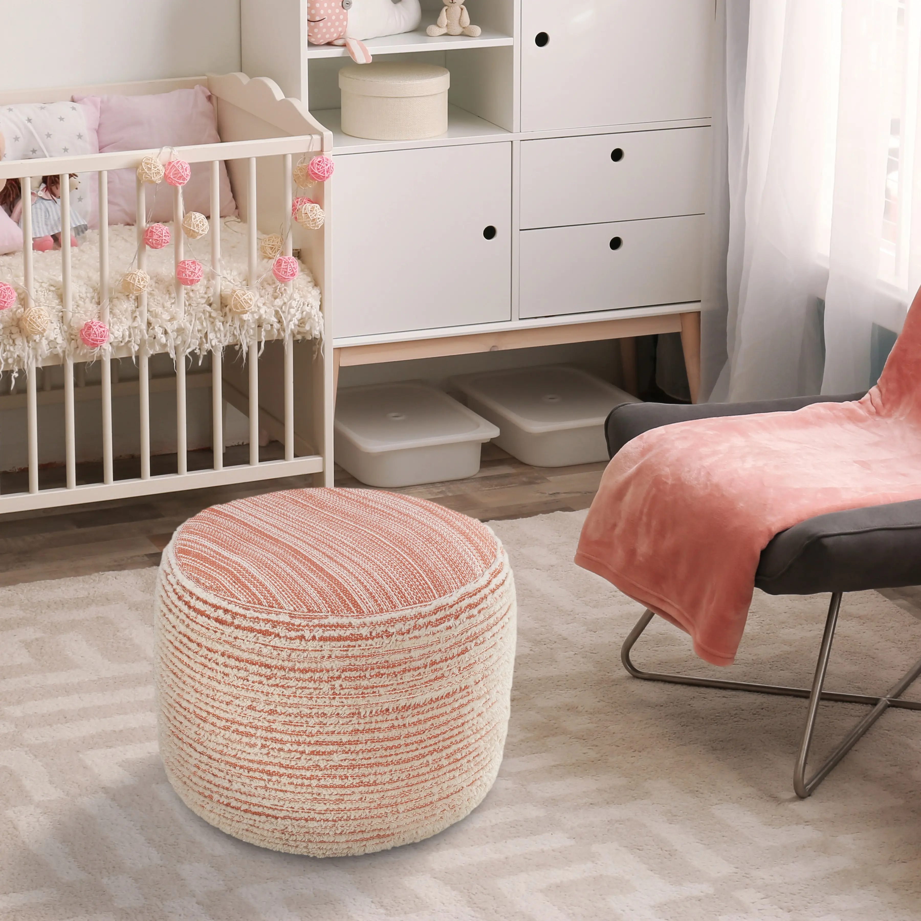 Timothy Handmade Coastal Textured Stripe Small Round Pouf Ottoman (Coral Pink, Aqua Blue)