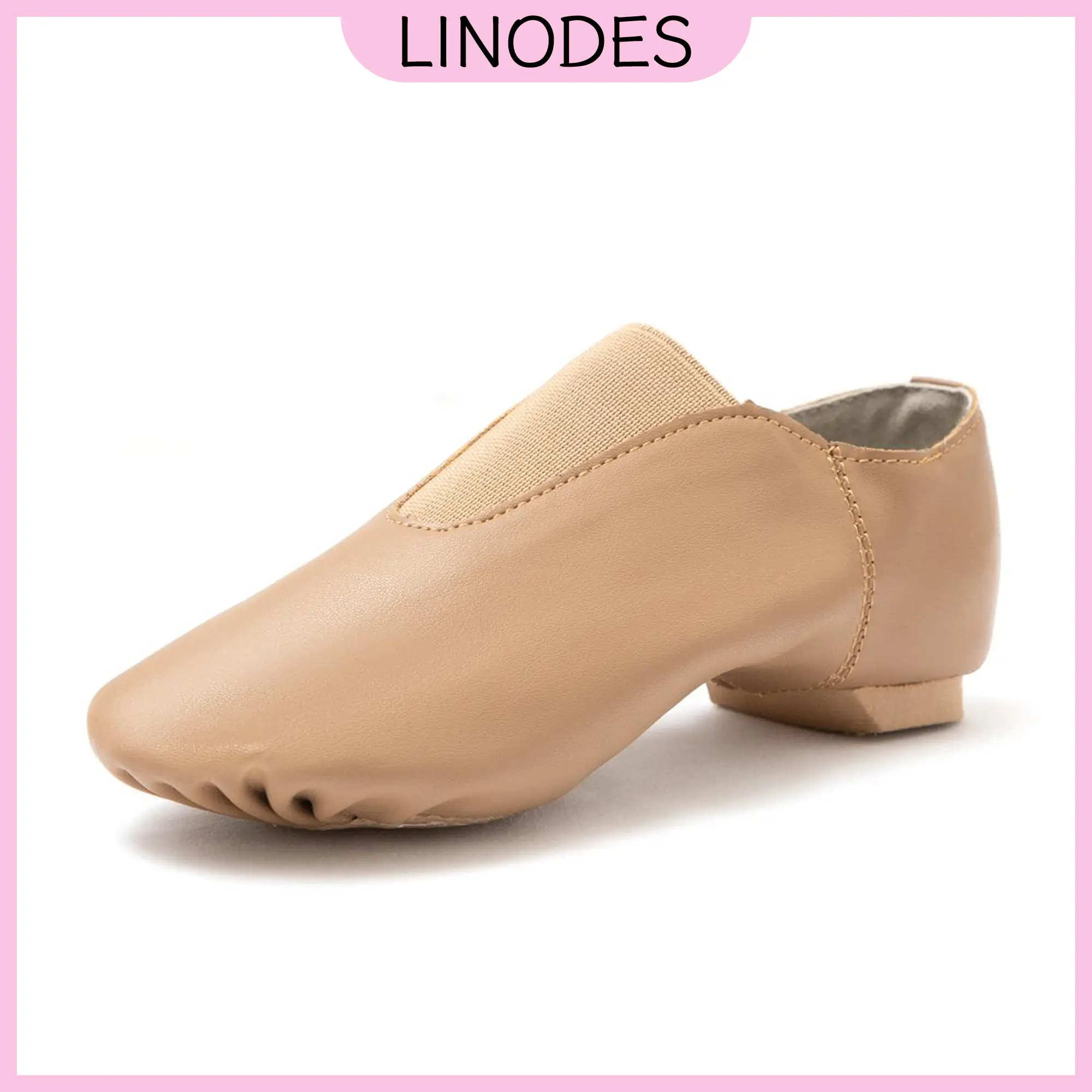Linodes Women's Leather Upper Jazz Shoe Slip-on with Elastic Top Piece Breathable Comfortable Elastic Leather Jazz Dance Shoes