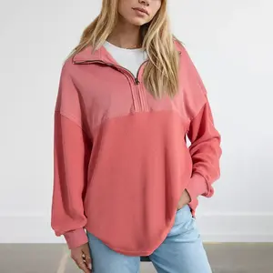 Spring 2026 women’s comfortable super-large waffle-knit half-zip hoodie long-sleeve sports shirt — cotton–polyester knit fabric, suitable for daily wear and spring clothing.