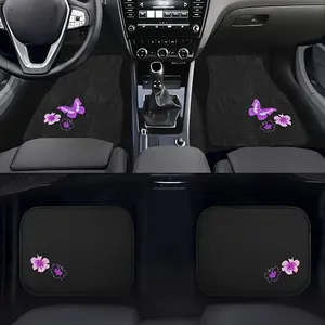 Set of 4 Purple Butterfly Hibiscus Themed Non-Slip Rubber Car Mats for Front and Rear, Suitable for Sedans, SUVs, All-Weather Car Mats, Car Interior Accessories