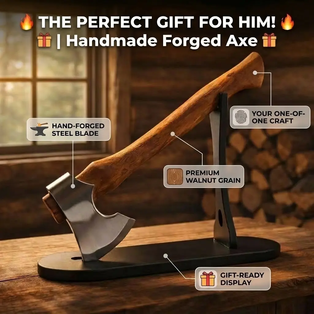 KRACESS Mini Hand-Crafted Axe Desk Ornament — Forged and polished metal with a walnut display base; a collector’s-grade decorative office ornament and the ideal gift for your boyfriend, husband or boss