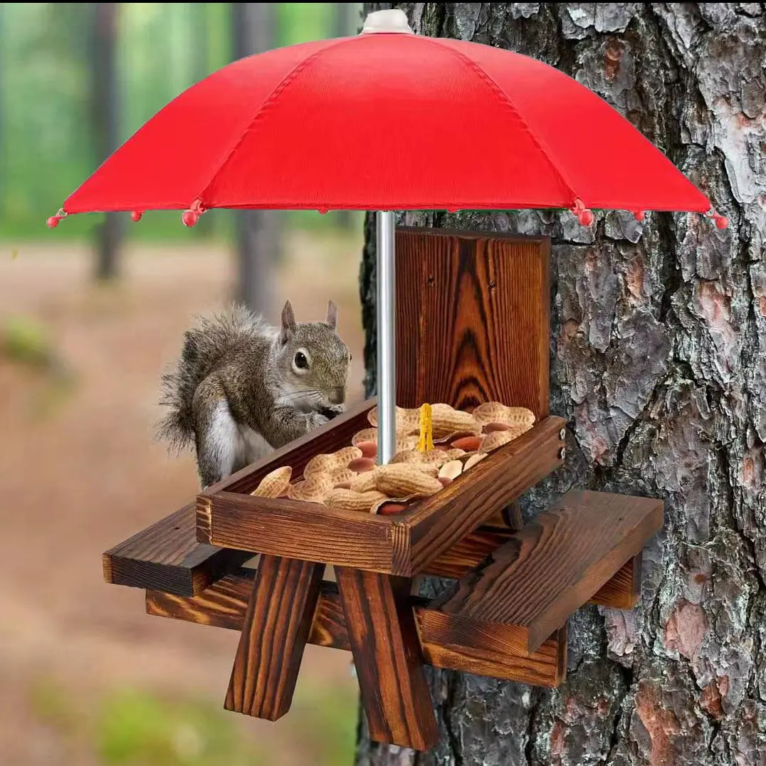 Durable Recycled Wood Squirrel Feeder with Umbrella, Weather Resistant Outdoor Garden Wildlife Feeding Station, Fun Decoration for Yard and Patio, Backyard Wildlife