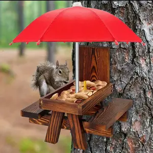 Durable Recycled Wood Squirrel Feeder with Umbrella, Outdoor Garden Wildlife Feeding Station, Fun Decoration for Yard and Patio