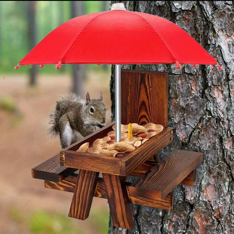 Durable Recycled Wood Squirrel Feeder with Umbrella, Outdoor Garden Wildlife Feeding Station, Fun Decoration for Yard and Patio