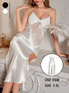 Women's Sexy Nightdress, Ice Silk Strapless Sleepwear, Plain Design, No Bra Pads, Spring Translucent Lace Long Dress, High-End Sensual Lingerie