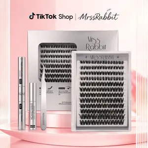 Midnight Bunny eyelash and full lash set, mixed lengths 9–16 mm, no salon application skills needed; fluffy D curl dynamic individual cluster false lashes. Effortlessly create a makeup look at home—the kit includes adhesive fixing glue, lash remover, and