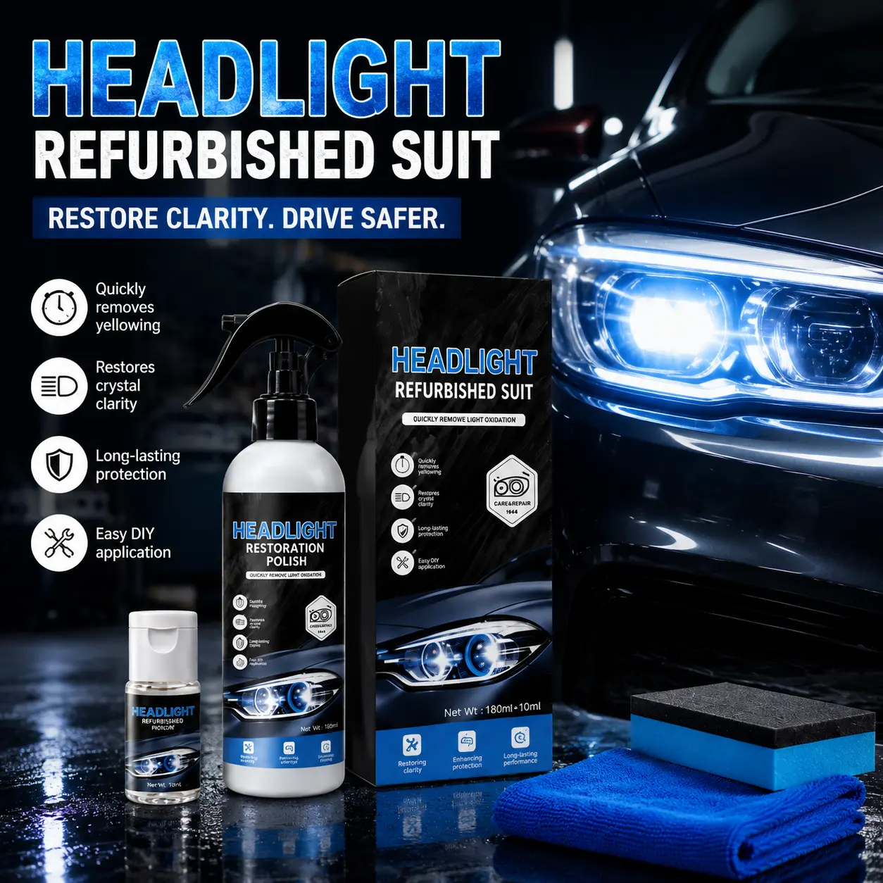 Universal Headlight Restoration Kit with Extra Sponge, Polishing Restoration Set, Automotive Light Polishing Agent for Yellowing and Oxidation Repair, Clear Finish for Plastic Headlight Renewal, Auto Detailing Supplies, Restorer Kit