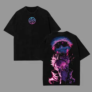 Menswear Jujutsu Kaisen Vintage Apparel – Gojo Satoru x Ryomen Sukuna Classic Oversized Washed Heavy Cotton Seamless Short-Sleeve JJK Anime T-Shirt