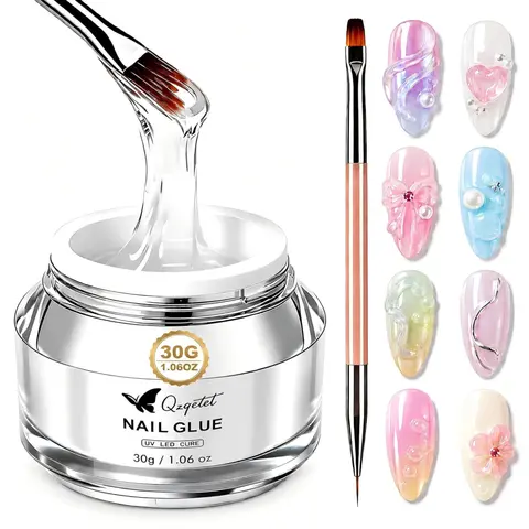 Qzqetet Nail Rhinestone Glue Gel with Brush Pen & Jar Set, 30G (1.06oz) Strong-Hold UV-LED Cure Nail Tech Supplies, All-Purpose Adhesive for DIY Bling 3D Stones, Charms, Bows (UV/LED Lamp Required)
