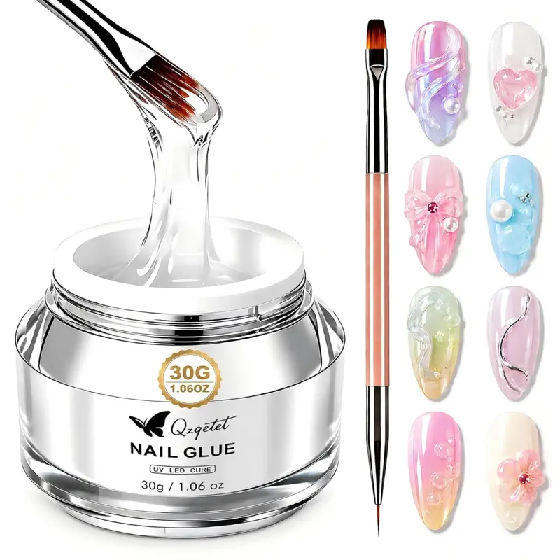 Qzqetet Nail Rhinestone Glue Gel with Brush Pen & Jar Set, 30G (1.06oz) Strong-Hold UV-LED Cure Nail Tech Supplies, All-Purpose Adhesive for DIY Bling 3D Stones, Charms, Bows (UV/LED Lamp Required)