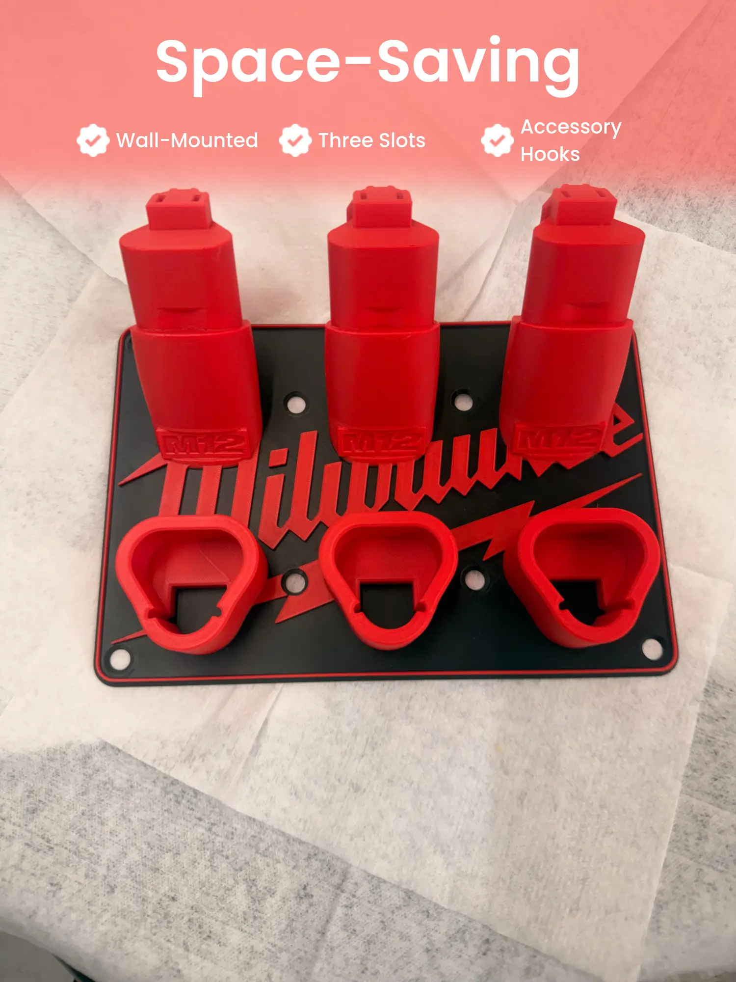 3-Slot Wall-Mount Battery Holder for Milwaukee M12, Tool Organizer with Accessory Hooks