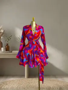 QFAF Women's Tie-Dye Print Flare Long Sleeve Wrap V-Neck Dress with Ruffle Hem, Elegant Vacation Party Birthday Gown, 2026 Fashion