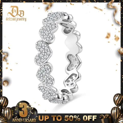 Delzzad Heart Eternity Band Ring Synthetic Moissanite Ring Jewelry S925 Perfect Birthday Engagement Wedding Anniversary Christmas Gift