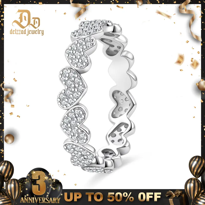 Delzzad Heart Eternity Band Ring Synthetic Moissanite Ring Jewelry S925 Perfect Birthday Engagement Wedding Anniversary Christmas Gift