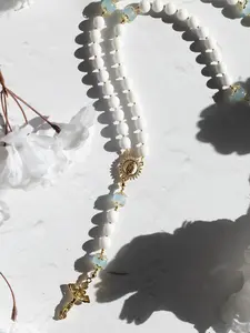 Something Blue Wedding Bridal Rosary, White Jade and Light Blue Beads, 18K Gold Plated Catholic Rosary, Bridal Prayer Keepsake Gift