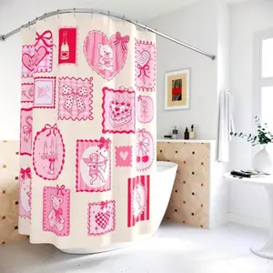 Pink Stamp Valentine Shower Curtain Valentines Day Galentine Girls Coquette Bow Frame Cupid Heart Cake Bear Bathroom Shower Curtains With Hook Lightweight Bathroom Curtain Decor -71x71inch