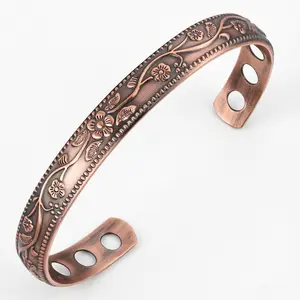 MagEnergy Copper Bracelets for Women, 99.9% Pure Copper Vintage Flower Magnetic Bangle with 3500 Gauss Magnets,Adjustable Cuff Jewelry Gift