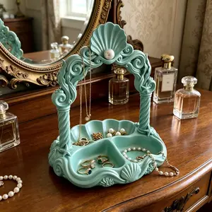 Light Blue Mermaidcore Seashell Jewelry Holder With Hooks - Coastal Trinket Dish Organizer For Necklaces, Rings & Earrings