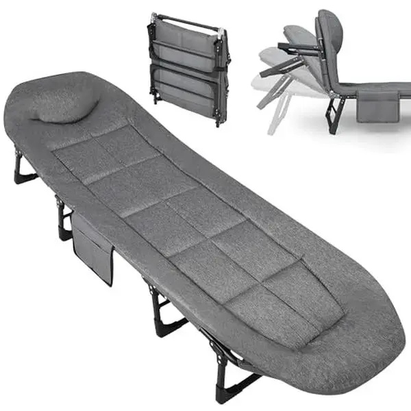 GAOMON Single Person Folding Camping Cot for Adults, 75-in Steel Frame Bed with Cushion, Pillow & 3-in-1 Oversized Pocket, 500 lbs Capacity, Tool-Free Setup, for Outdoor Beach & Indoor Use, Grey