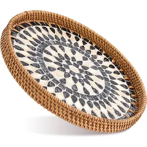 Bohemian Black-Gold Rattan Tray with Mother-of-Pearl Inlay - For Bread, Fruit & Coffee Decor