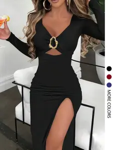 Elegant Women's Bodycon Long Sleeve Slit Dress, Perfect for Parties and Events, Stylish and Chic Design, Ideal for Special Occasions, Elegant Fitted Dresses