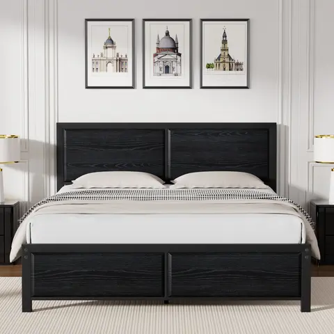 VECELO Wooden Bed Frame Twin Full Queen Size Platform Bed with Vintage Brown Black Wood Headboard Footboard Metal Slat Support Beds ,No Box Spring Needed Brown,Black,White, Sturdy Bed Frame, Full Size Bed, Bed Frame Storage Solutions