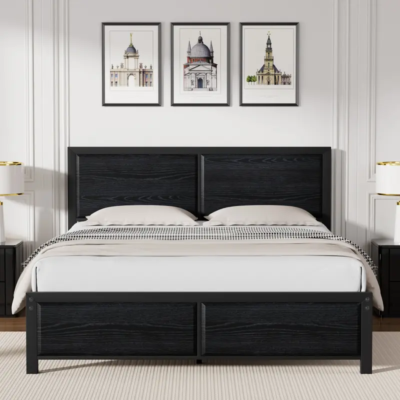 VECELO Wooden Bed Frame Twin Full Queen Size Platform Bed with Vintage Brown Black Wood Headboard Footboard Metal Slat Support Beds ,No Box Spring Needed Brown,Black,White, Sturdy Bed Frame, Full Size Bed, Bed Frame Storage Solutions