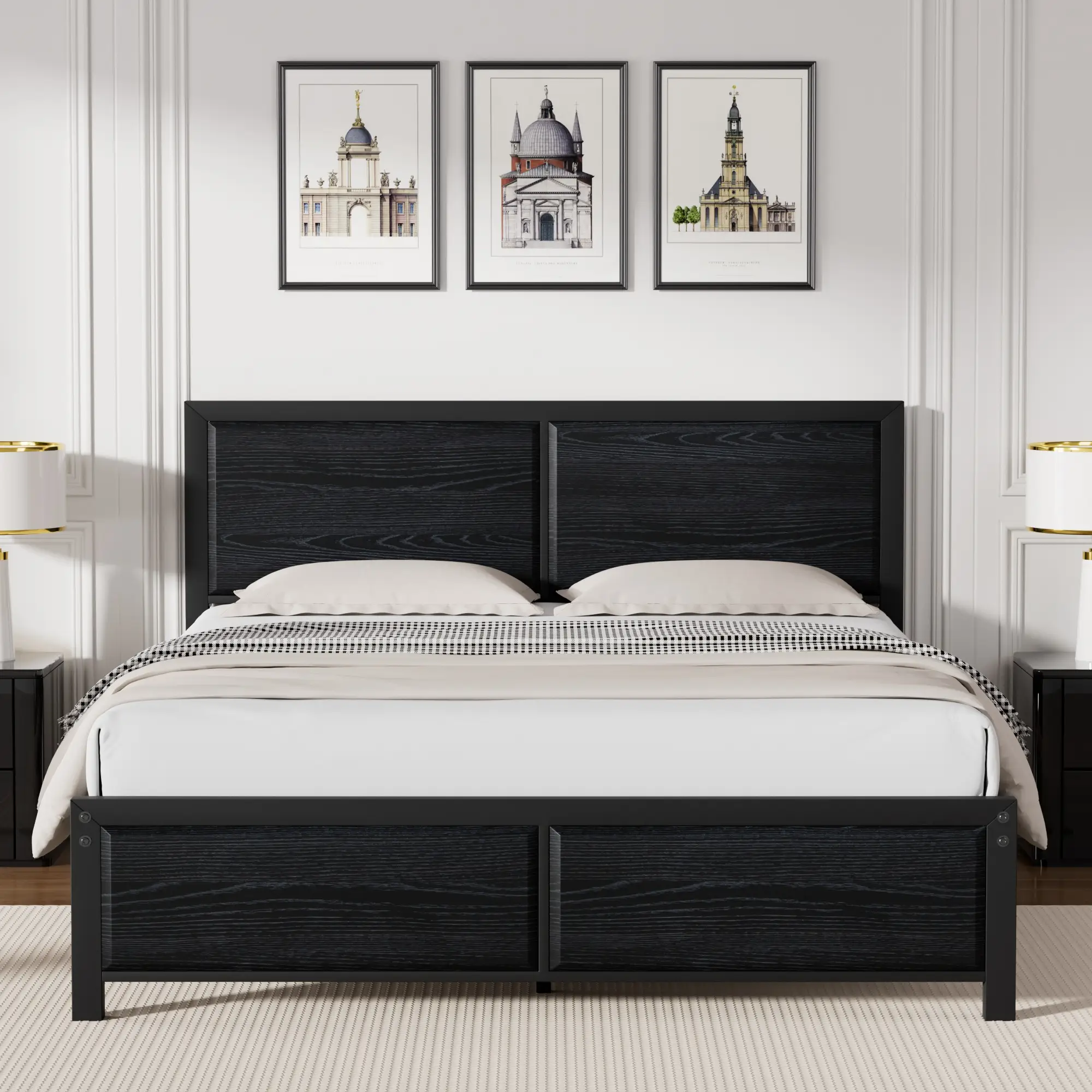 VECELO Wooden Bed Frame Twin Full Queen Size Platform Bed with Vintage Brown Black Wood Headboard Footboard Metal Slat Support Beds ,No Box Spring Nee