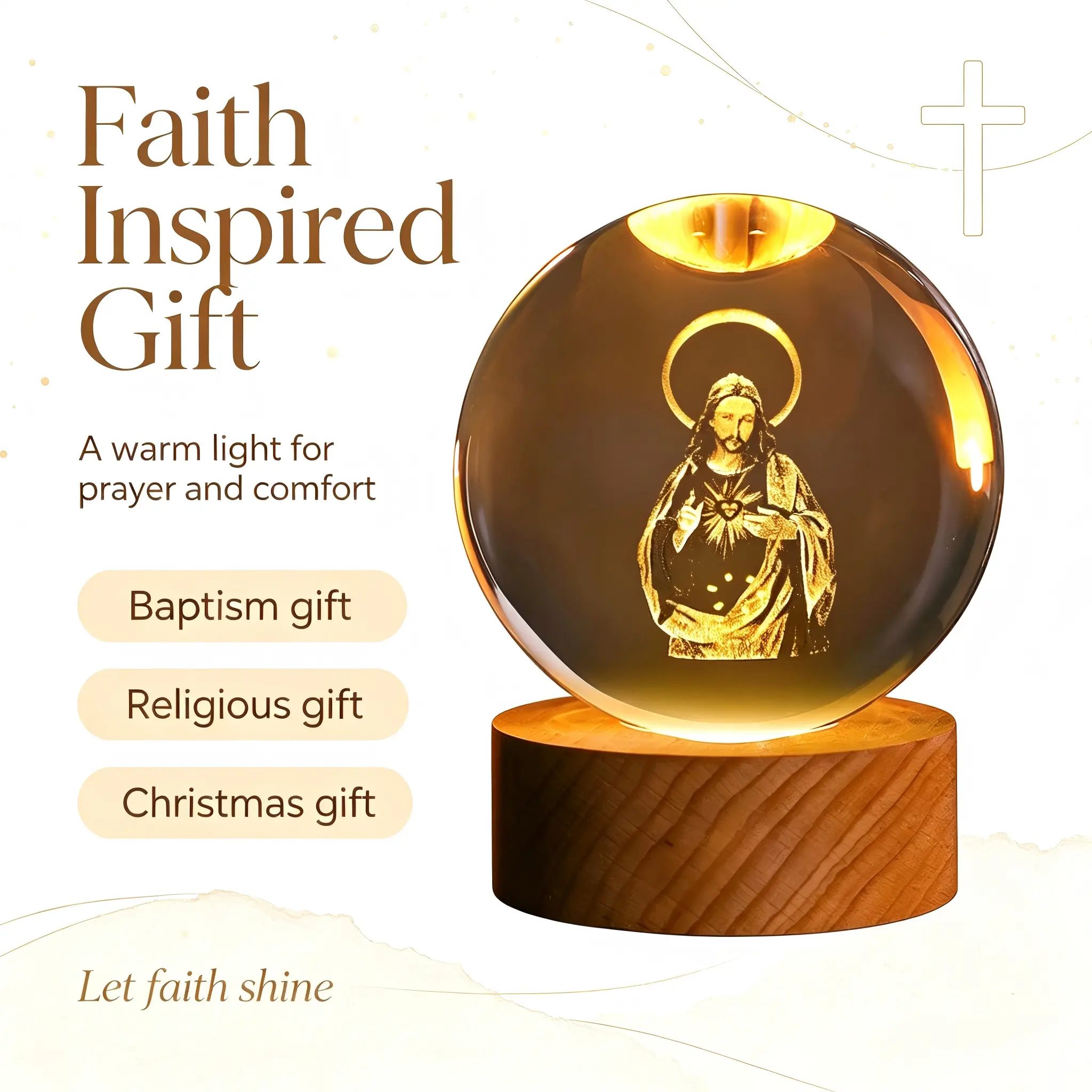 3D Laser Engraved Jesus Glass Crystal Ball Night Light with Premium Wooden Stand, LED Inspirational Christianity Decor, Cool-to-Touch Holiday Lighting, Rustic Religious Gift for Christmas Home Decor