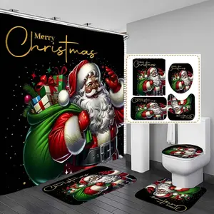 4PCS African American Afro Black Santa Claus Shower Curtain Set, Xmas Gifts Winter Holiday New Year Christmas Bathroom Decor, Waterproof Fabric Black Shower Curtain, Non-Slip Bath Mat