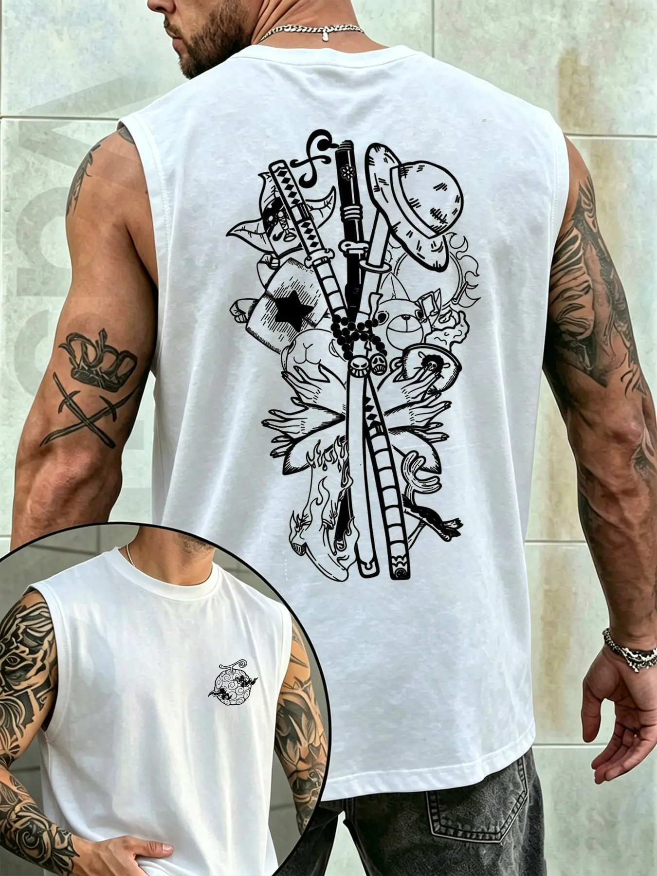 Men's Anime One Piece Sleeveless Vest, Loose-Fit Round Neck T-Shirt, Casual Streetwear, All-Seasons, Trendy Fitness Top