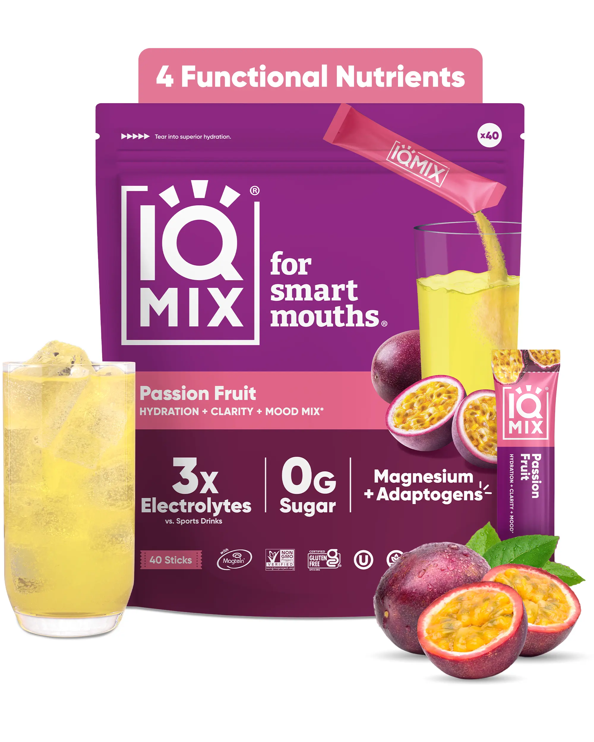 IQMIX Sugar-Free Passion Fruit Hydration Powder Packets - 40 Sticks, Tangy & Exotic Flavor, Electrolytes, 10 Calories Per Packet, Single Serve, Dietary Daily Supplement, Low Impact, 40 Sticks Keep Hydration Stocked, 10 Calories Per Packet, Low Impact