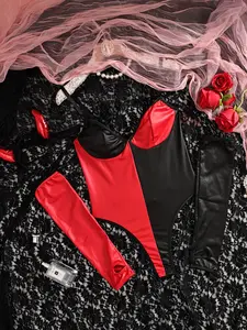 Halloween Devil 3-Piece Set Lingerie, PU Leather Bodysuit with Gloves and Horn Headband, Sexy Slim-Fit Patchwork Cosplay Costume