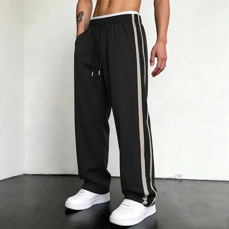 Men’s High-Street Style Colorblock Athletic Pants - Side Stripes, American Retro Los Angeles Print, Lightweight Drapey Loose Fit, Multi-Color, Spring & Summer (Loose-Fitted, Colorblock, Athletic), Athletic Men's Pants, Loose-Fitted Men's Pants