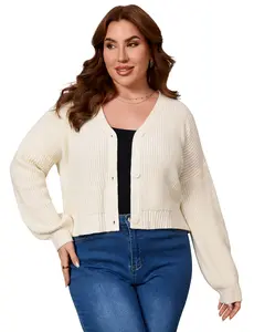 Women's Plus Size Chunky Knit Cardigan, Cropped V-Neck Button-Down with Balloon Sleeves for Fall & Winter Layering