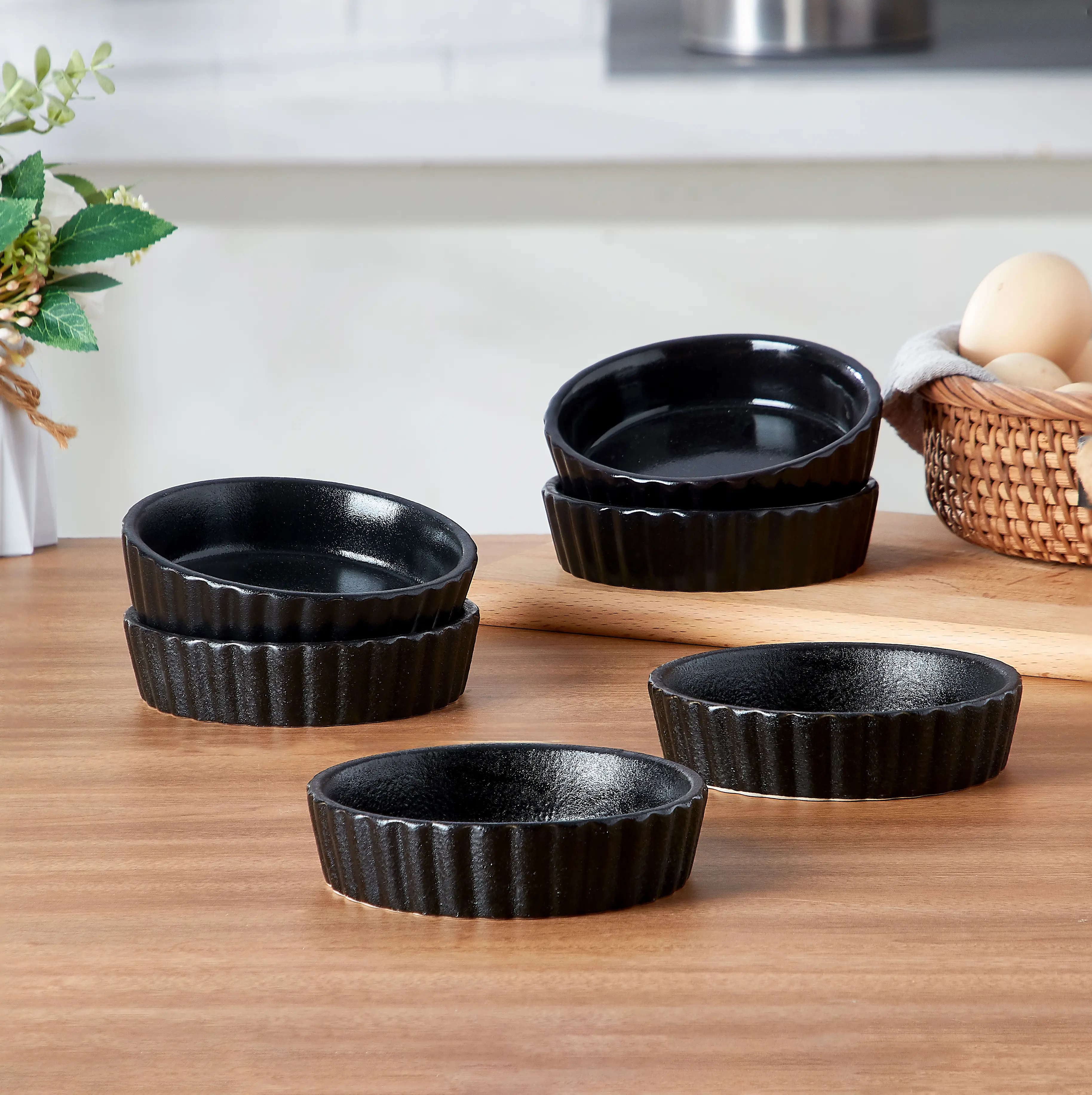 ONEMORE Ramekins 4 oz - Oven Safe Shallow Ramekins with bronze and black for Creme Brulee - Speckled, Fluted, Set of 6