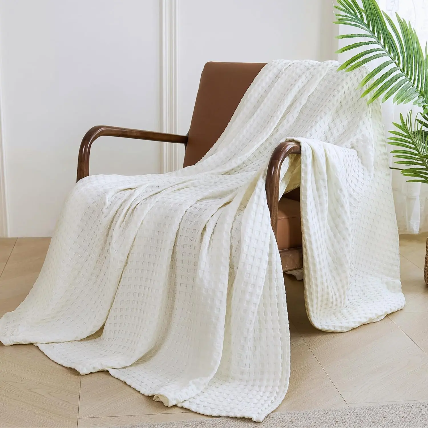 Cooling Blanket for Hot Sleepers,Lightweight  Summer Blanket of Rayon Derived from .Waffle Weave Luxury Throws for Bed,Couch and Sofa.White,66x90 Inches