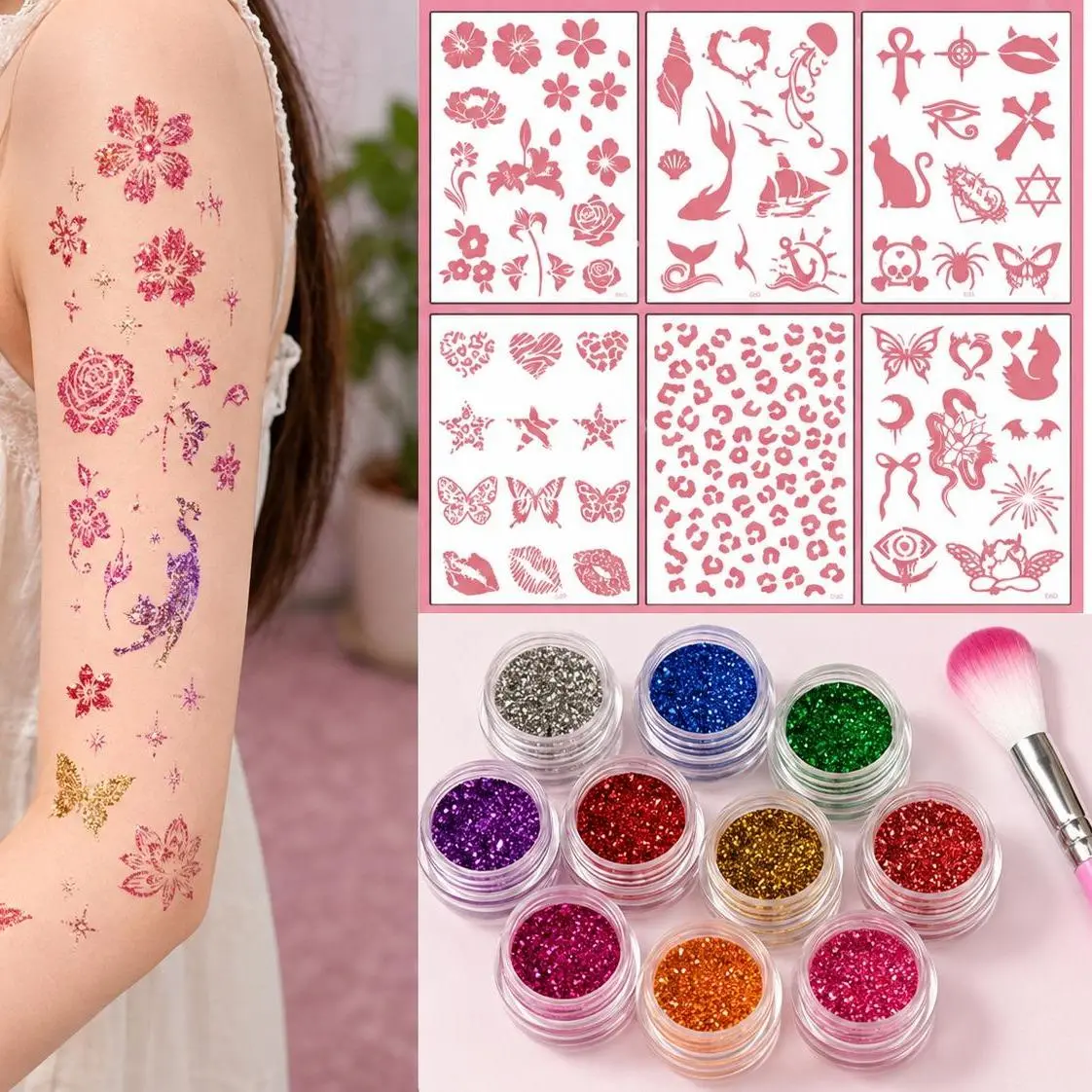 Temporary Glitter Tattoo Kit with 6 Cute Design Stencil Sticker Sheets, Glitter Powders - Kids' Body Art Creative Dress Up Fun, Office Stationery Gift, Party Birthday Favors
