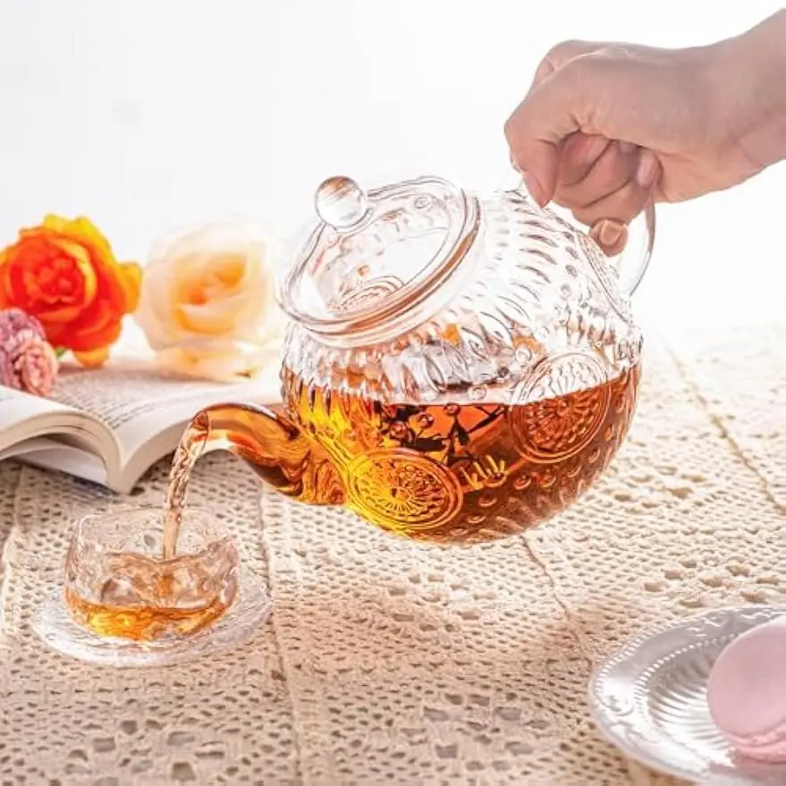 Amzcku 50OZ/1500ml Vintage Borosilicate Glass Teapot with Removable Infuser - Stovetop Safe, Teapot with Strainer for Loose Leaf & Blooming Tea, Tea Pot With Infusers For Loose Tea