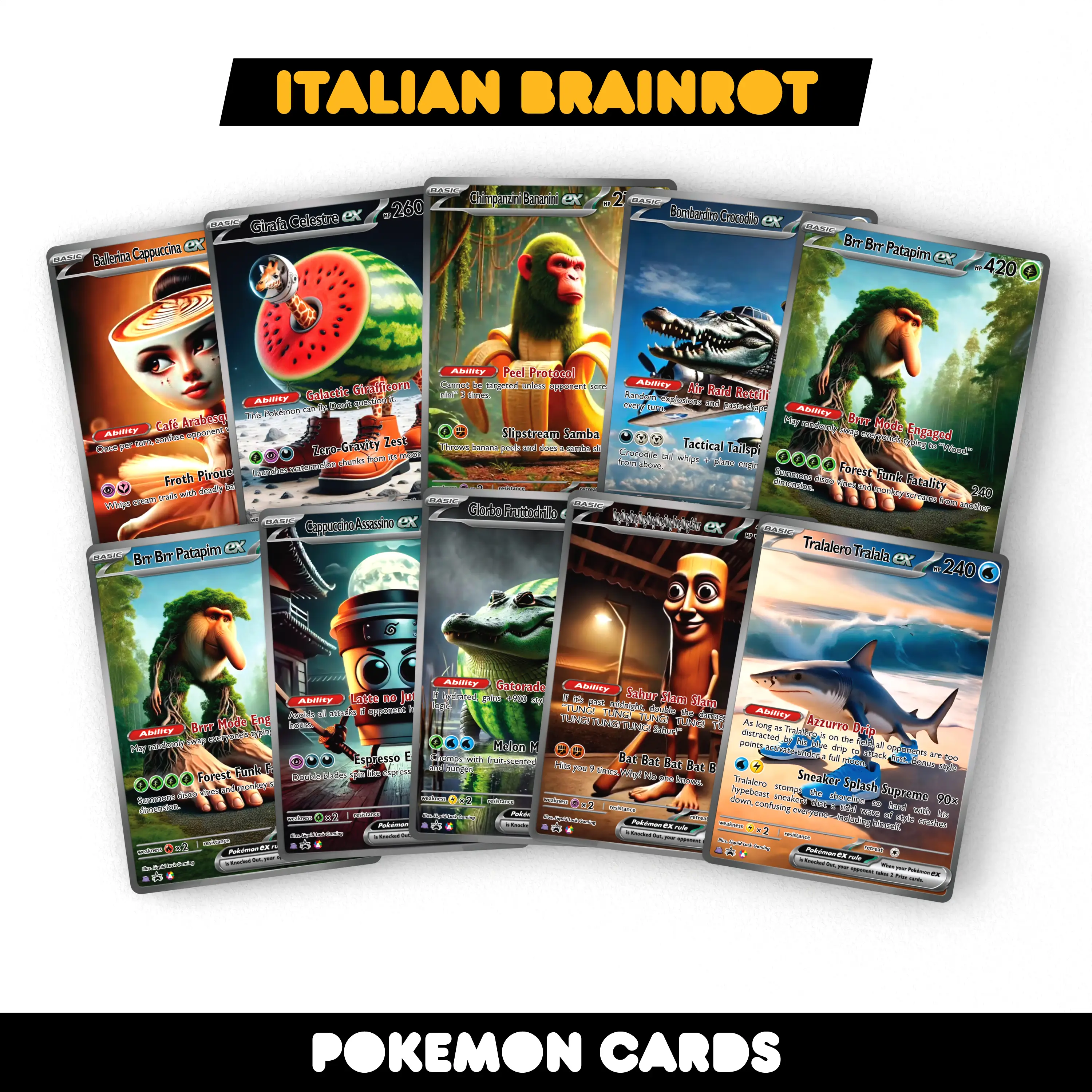 Italian Brainrot Pokemon - Custom Holographic Fan-Art Cards - Hilarious Affordable Gift for Meme & Pokemon Fans Collectible Booster Packs Guaranteed B