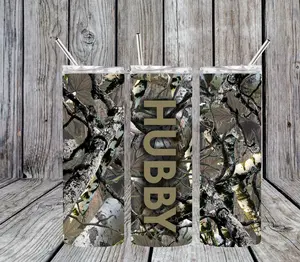 20 oz Hubby and Wifey Camo Stainless-Steel Tumbler; Includes Plastic lid and Straw Drinkware Flasks