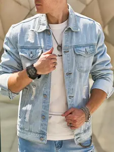 Men's Raw Wash Ripped Denim Jacket, Casual Button Front Pocket Design Raw Hem Jean Coat for Daily Wear, Fashion Men's Clothes for All Seasons